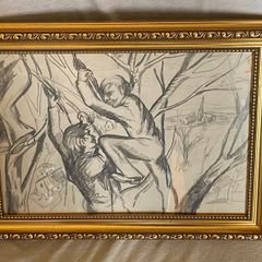 Pencil drawing of 2 boys playing in a tree in a gold frame unsigned