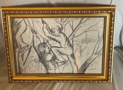Pencil drawing of 2 boys playing in a tree in a gold frame unsigned