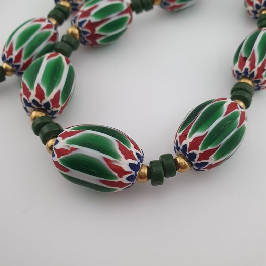Antique Venetian Style Green Chevron Glass Beads Necklace