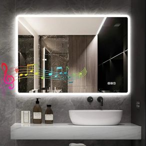 Bathroom-Mirror-with-LED-Lights for Wall 60x80cm, Bluetooth, Anti-Fog, 3 Colors Dimmable Bathroom-LED-Mirror, Memory Function, Tempered Glass, CRI90+, IP44 Waterproof (Horizontal/Vertical)