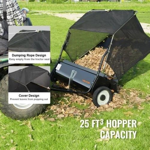 Tow Behind Lawn Sweeper, 111.7 cm Pull Behind Lawn Sweeper, 25 cu. ft Large Capacity Leaf & Grass Collector, Heavy Duty Garden Sweeper with Adjustable Sweeping Height for Yard, Lawn, Farm