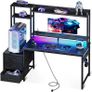 Gaming Desk with Drawers  Display Shelves, 120 by 48 cm Computer Desk with LED Lights  Sockets, Reversible PC Gaming Table with Monitor Stand, Carbon Fiber Black Image 2