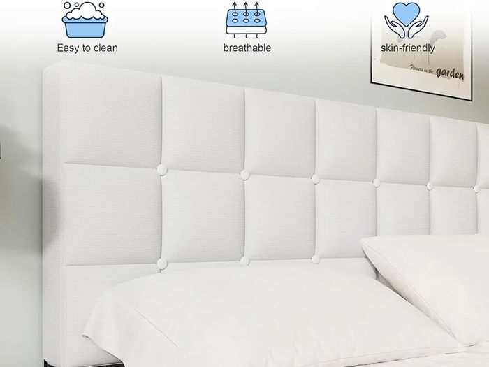King Bed Frame, Easy Assembly, Sturdy Wooden Slat Support, Upholstered Platform with Headboard, No Box Spring Needed, White King Bed 150 by 200