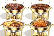 4 Pack Gold Round Chafing Dish Buffet Set, 5 QT Buffet Warmer Food Server with Clear Lid and Utensils, Stainless Steel Food Warmers for Parties, Weddings, Catering Events