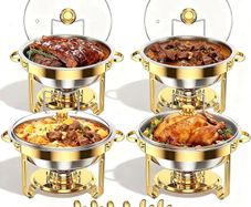 4 Pack Gold Round Chafing Dish Buffet Set, 5 QT Buffet Warmer Food Server with Clear Lid and Utensils, Stainless Steel Food Warmers for Parties, Weddings, Catering Events