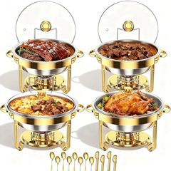 4 Pack Gold Round Chafing Dish Buffet Set, 5 QT Buffet Warmer Food Server with Clear Lid and Utensils, Stainless Steel Food Warmers for Parties, Weddings, Catering Events