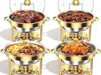 4 Pack Gold Round Chafing Dish Buffet Set, 5 QT Buffet Warmer Food Server with Clear Lid and Utensils, Stainless Steel Food Warmers for Parties, Weddings, Catering Events
