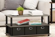 Coffee Table, 3-Tier Modern Coffee Table with Shelves and Storage Bins, Easy Assembly Side Table with Open Shelf, for Living Room, Bedroom, Home Office, French Oak