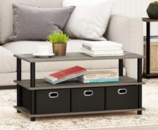 Coffee Table, 3-Tier Modern Coffee Table with Shelves and Storage Bins, Easy Assembly Side Table with Open Shelf, for Living Room, Bedroom, Home Office, French Oak