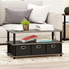 Coffee Table, 3-Tier Modern Coffee Table with Shelves and Storage Bins, Easy Assembly Side Table with Open Shelf, for Living Room, Bedroom, Home Office, French Oak