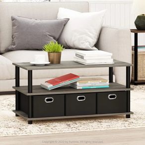 Coffee Table, 3-Tier Modern Coffee Table with Shelves and Storage Bins, Easy Assembly Side Table with Open Shelf, for Living Room, Bedroom, Home Office, French Oak
