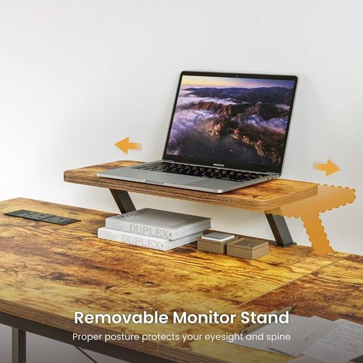 Computer Desk with Drawers Power Outlets 100x50cm Home Office Monitor Stand Gaming Table Reversible Storage Shelf Hook Small PC Workstation for Study Work Write Brown
