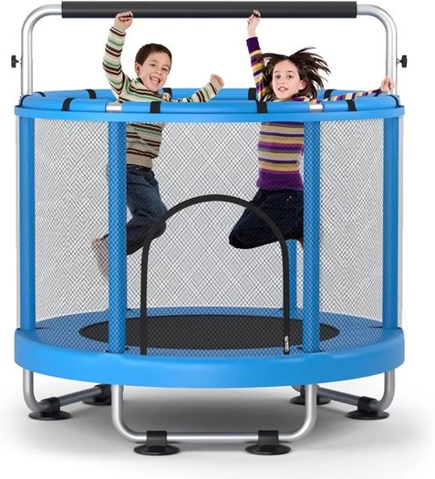 55" Trampoline for Kids with Enclosure, 440lbs Capacity Indoor & Outdoor Toddler Trampoline with Adjustable Gymnastics Bar & Toys, Gifts for Boys & Girls