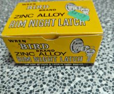 Wren Bird Brand Zinc Alloy Rim Night Latch, boxed, unused, hardware display piece advertising