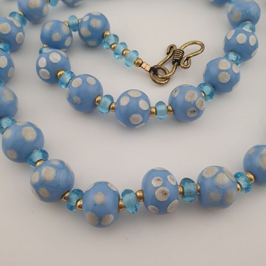 Vintage Venetian Style Light Blue White Dotted Glass Beads Necklace
