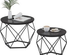 Round Coffee Table, Set of 2, Side Table, Sofa End Table, Modern Style, Removable Top, Steel Frame, for Living Room, Black