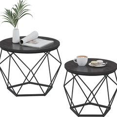 Round Coffee Table, Set of 2, Side Table, Sofa End Table, Modern Style, Removable Top, Steel Frame, for Living Room, Black