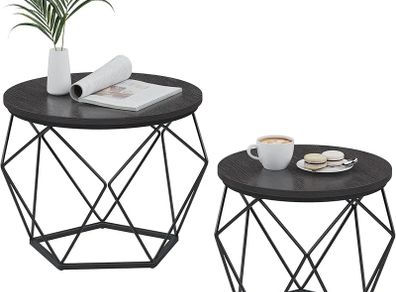 Round Coffee Table, Set of 2, Side Table, Sofa End Table, Modern Style, Removable Top, Steel Frame, for Living Room, Black