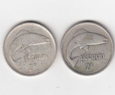 Ireland, 2 x Florins,1928,&1935, 2/-, Saorstat Eireann, 75% Silver Coins, coins seem to be cleaned (No: 468)