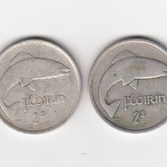 Ireland, 2 x Florins,1928,&1935, 2/-, Saorstat Eireann, 75% Silver Coins, coins seem to be cleaned (No: 468)