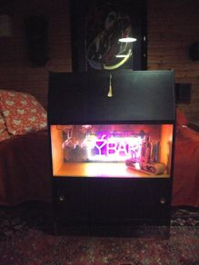 1960's Cocktail Cabinet/Bureau - Black & Gold - cocktail accessories and four glasses included
