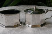 Elkington and Co Genuine Art Deco Sterling Silver Condiment Set. Hallmarked Birmingham 1936. Fitted Cobalt Blue Glass Liners