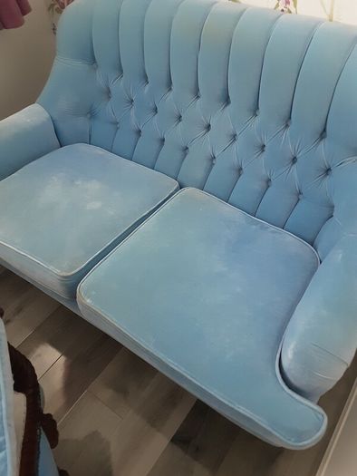 Blue velvet Dutch buttoned sofa immaculate condition