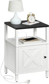 Beside Table with Charging Station, Side Table with Storage, Bedside Cabinet with USB Ports and Outlets, Wooden Nightstand for Bedroom, Living Room White and Black
