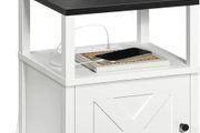 Beside Table with Charging Station, Side Table with Storage, Bedside Cabinet with USB Ports and Outlets, Wooden Nightstand for Bedroom, Living Room White and Black