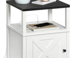 Beside Table with Charging Station, Side Table with Storage, Bedside Cabinet with USB Ports and Outlets, Wooden Nightstand for Bedroom, Living Room White and Black