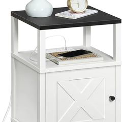 Beside Table with Charging Station, Side Table with Storage, Bedside Cabinet with USB Ports and Outlets, Wooden Nightstand for Bedroom, Living Room White and Black