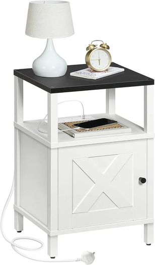 Beside Table with Charging Station, Side Table with Storage, Bedside Cabinet with USB Ports and Outlets, Wooden Nightstand for Bedroom, Living Room White and Black
