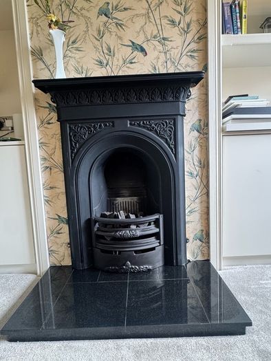 Ornate Cast Iron Fireplace and Black Granite Hearth and Nu Flame Gas Fire