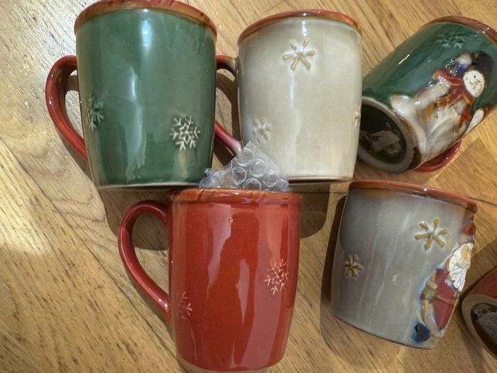 6 Vintage Folk Art Santa And Snow man Hand Glazed CoffeeMug Cup Christmas Textured