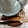 Vintage Mother of Pearl Serving Spoons Pair Caviar Fish Shell Spoon Wooden Handle serving spoon Image 2