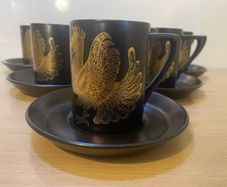 Vintage, Retro, Mid century, "Phoenix" Portmeirion Williams-Ellis/ Cuffley black and gold cups X6 saucers X6 c1970