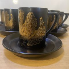 Vintage, Retro, Mid century, "Phoenix" Portmeirion Williams-Ellis/ Cuffley black and gold cups X6 saucers X6 c1970