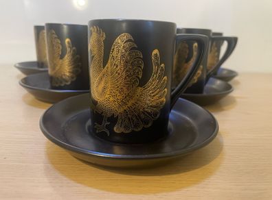 Vintage, Retro, Mid century, "Phoenix" Portmeirion Williams-Ellis/ Cuffley black and gold cups X6 saucers X6 c1970