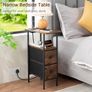 Slim Bedside Table Set of 2 with Charging Station, Narrow Side Table with 2 Fabric Drawers, End Table with Open Storage Shelf, Nightstand for Small Spaces, Living Room, Brown Image 4
