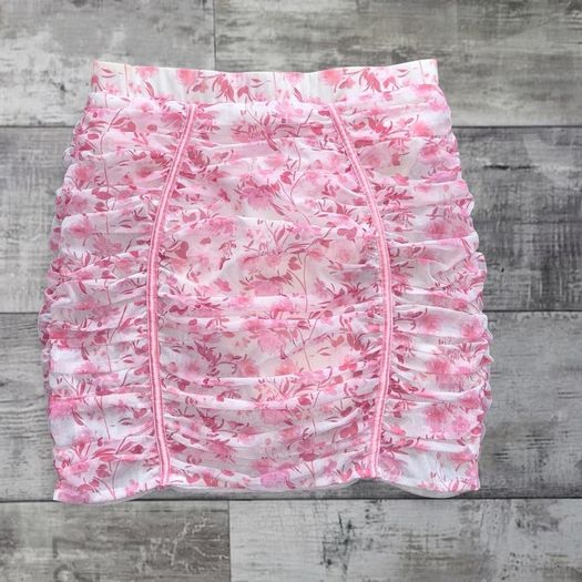 Oh Polly UK12 Pink Floral Ruched Mini Skirt Y2K Bodycon Mesh