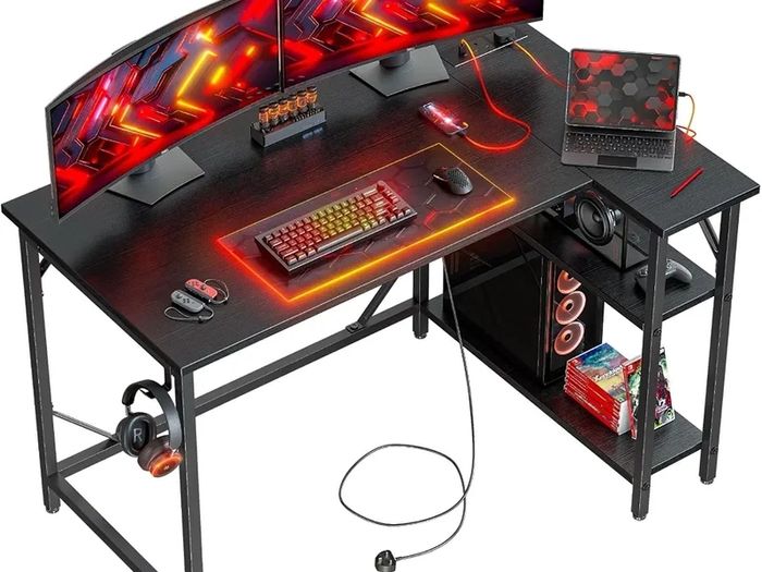 L Shaped Gaming Desk with Power Outlets, 120x70cm Computer Table Small Corner Desk with Large Reversible Storage Shelves, Home Office PC Workstation with Hooks for Writing Study, Black