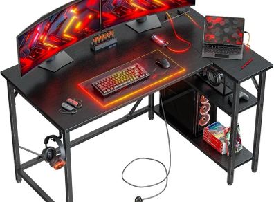 L Shaped Gaming Desk with Power Outlets, 120x70cm Computer Table Small Corner Desk with Large Reversible Storage Shelves, Home Office PC Workstation with Hooks for Writing Study, Black