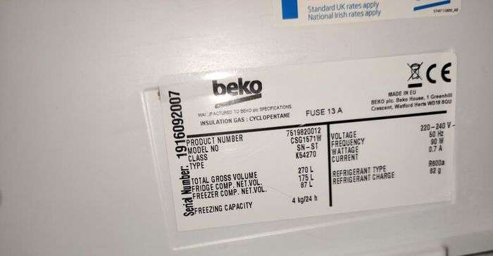 Beko Fridge Freezer 270L Fully Working Reversible Door