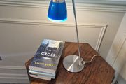 Vintage Aluminor blue desk lamp, chrome-plated metal | translucent lampshade | retro design 40W