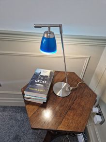 Vintage Aluminor blue desk lamp, chrome-plated metal | translucent lampshade | retro design 40W