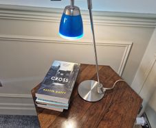 Vintage Aluminor blue desk lamp, chrome-plated metal | translucent lampshade | retro design 40W