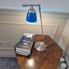 Vintage Aluminor blue desk lamp, chrome-plated metal | translucent lampshade | retro design 40W
