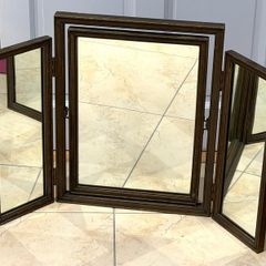Vintage Carved Wooden Folding Triptych Dressing Mirror