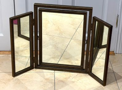 Vintage Carved Wooden Folding Triptych Dressing Mirror