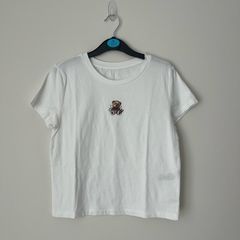 White Cropped Teddy Bear Graphic T-Shirt - Size S